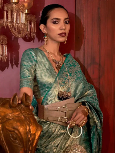 Beautiful Aqua Blue Zari Weaving Silk Reception Wear Saree With Blouse